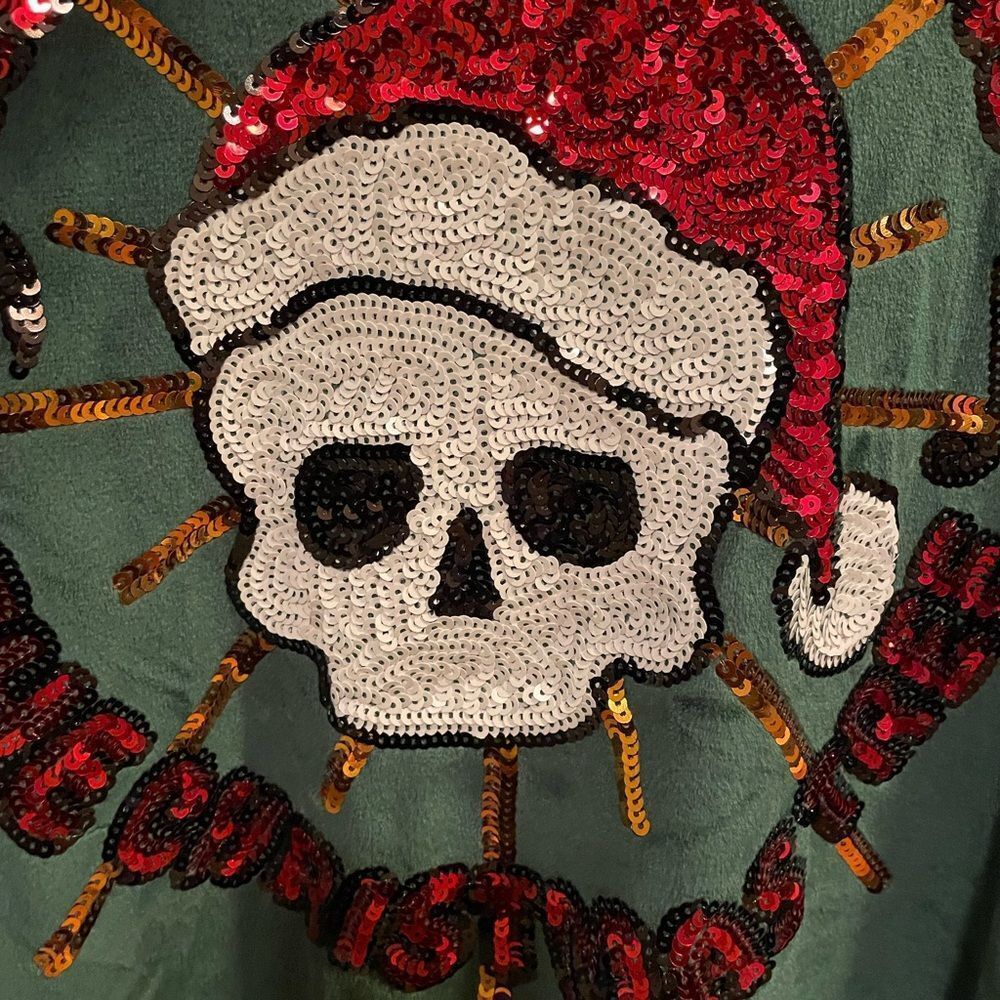 Miss Chievous Women’s Green Velvet Skull Sequins Hooded Zip Up Sweatshirt L